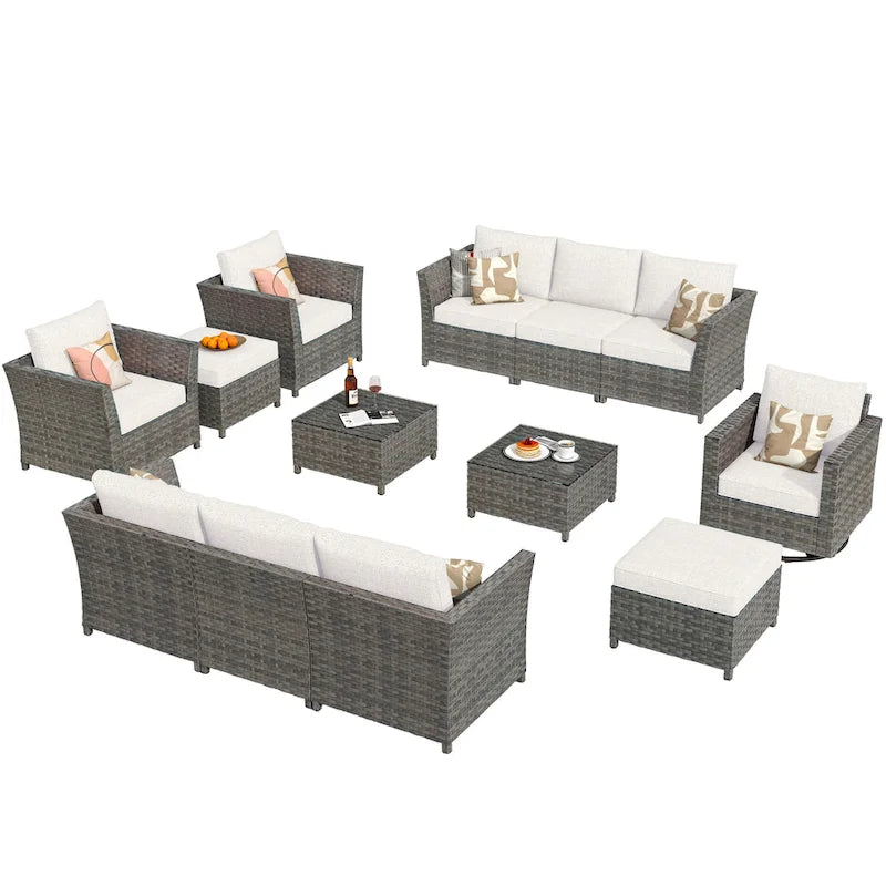 HOOOWOOO Ensemble de Meubles de Jardin Modulables en Rotin de 13 Pièces avec Fauteuil Pivotant