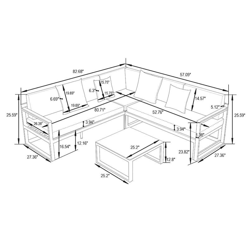 Ensemble sectionnel d'extérieur 3 pièces Chelsea en aluminium avec cadre noir pour patio, véranda et jardin