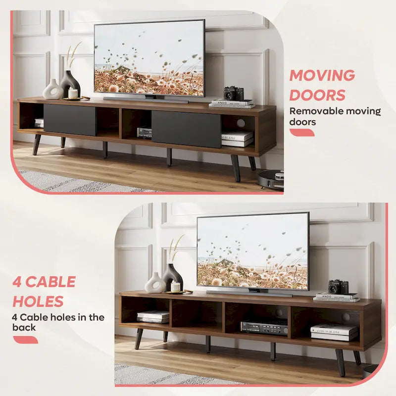 Meuble TV pour téléviseurs jusqu'à 75 pouces avec meuble TV en bois massif de style Mid-century - 70 pouces