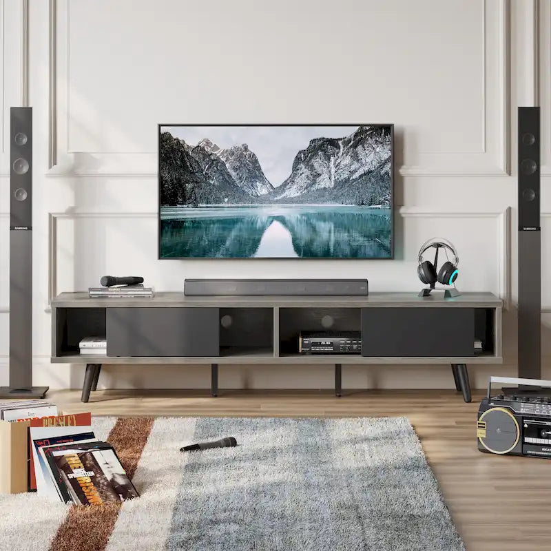 Meuble TV pour téléviseurs jusqu'à 75 pouces avec meuble TV en bois massif de style Mid-century - 70 pouces