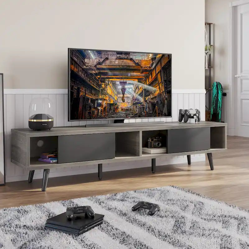 Meuble TV pour téléviseurs jusqu'à 75 pouces avec meuble TV en bois massif de style Mid-century - 70 pouces