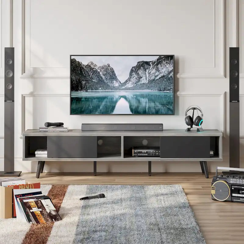 Meuble TV pour téléviseurs jusqu'à 75 pouces avec meuble TV en bois massif de style Mid-century - 70 pouces