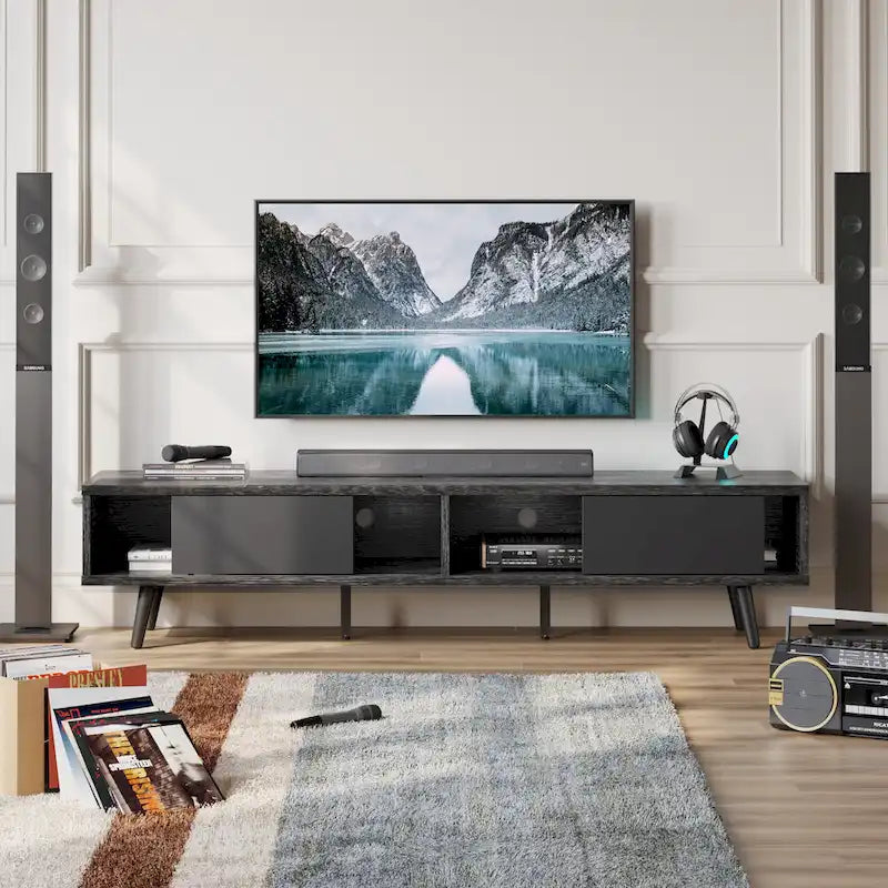 Meuble TV pour téléviseurs jusqu'à 75 pouces avec meuble TV en bois massif de style Mid-century - 70 pouces
