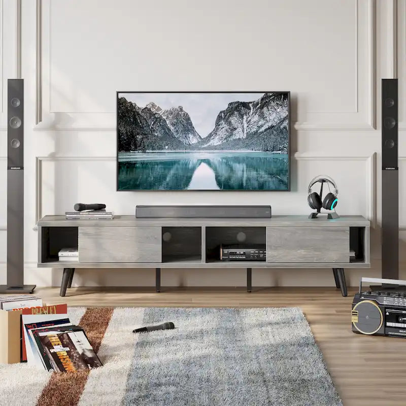 Meuble TV pour téléviseurs jusqu'à 75 pouces avec meuble TV en bois massif de style Mid-century - 70 pouces