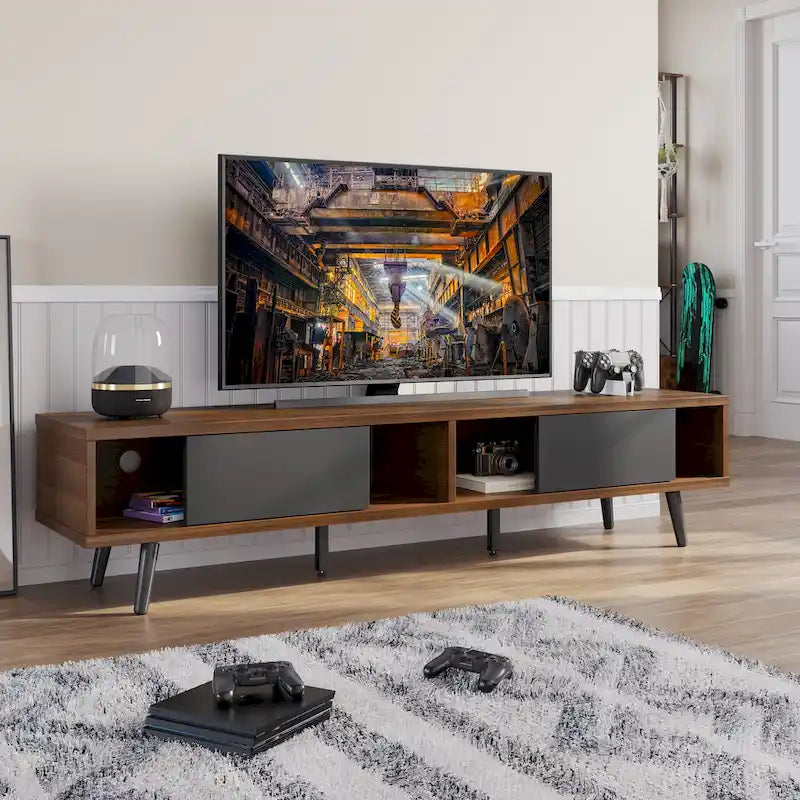 Meuble TV pour téléviseurs jusqu'à 75 pouces avec meuble TV en bois massif de style Mid-century - 70 pouces