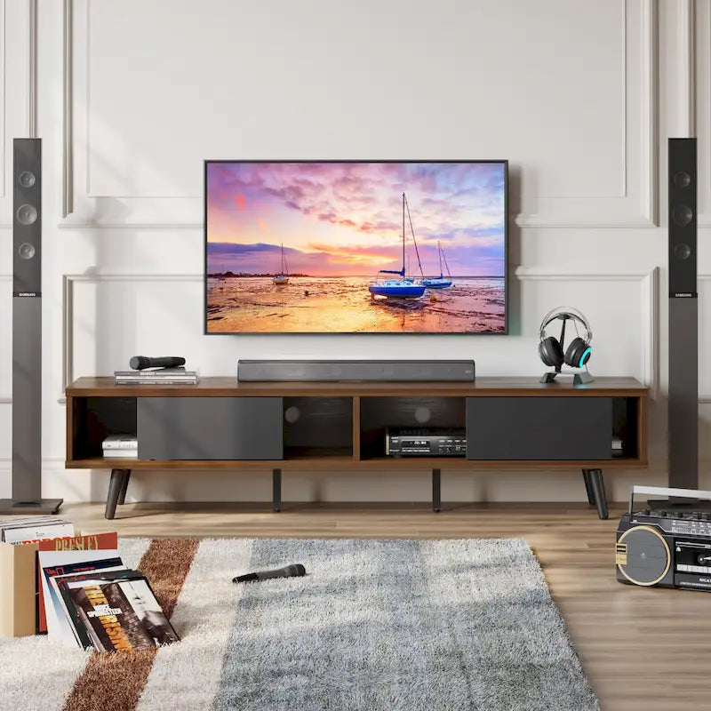 Meuble TV pour téléviseurs jusqu'à 75 pouces avec meuble TV en bois massif de style Mid-century - 70 pouces