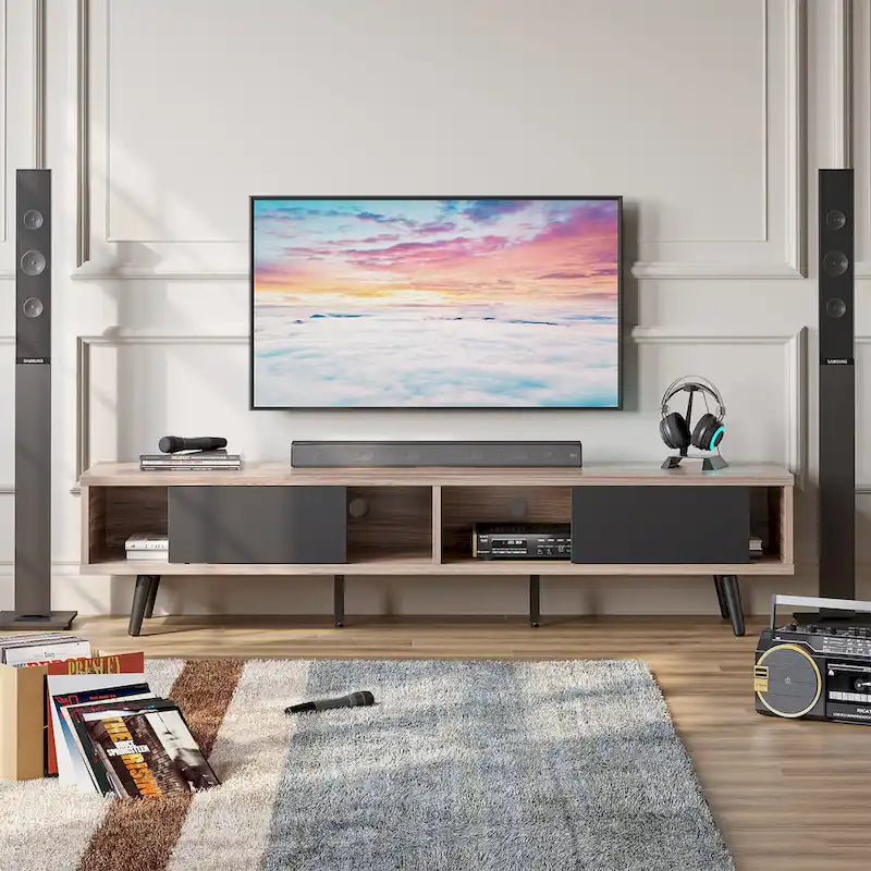 Meuble TV pour téléviseurs jusqu'à 75 pouces avec meuble TV en bois massif de style Mid-century - 70 pouces