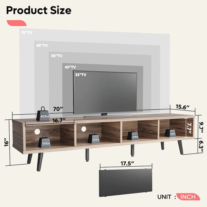 Meuble TV pour téléviseurs jusqu'à 75 pouces avec meuble TV en bois massif de style Mid-century - 70 pouces