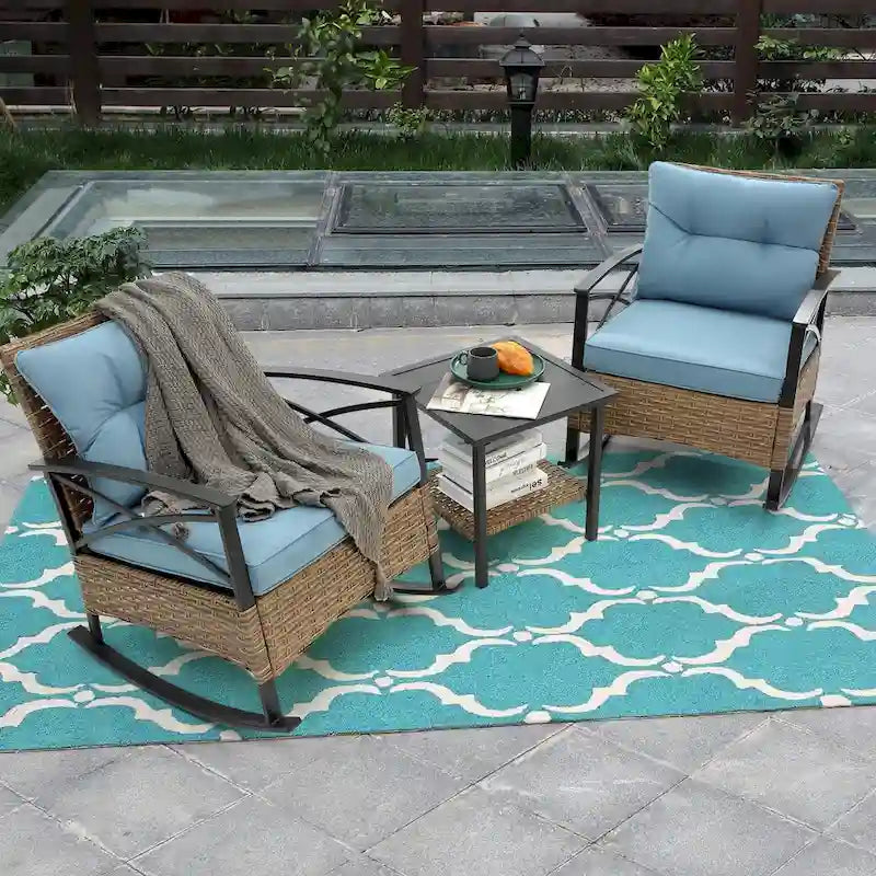 HOMEFUN 3-Piece Rattan/Wicker Outdoor Patio Rocking Cushions Chairs With Table