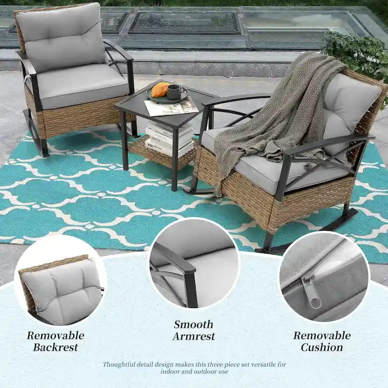 HOMEFUN Ensemble 3 pièces de fauteuils à bascule de jardin en rotin/osier avec coussins et table