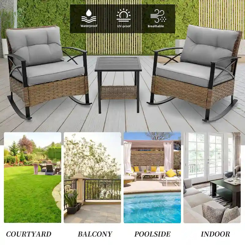 HOMEFUN Ensemble 3 pièces de fauteuils à bascule de jardin en rotin/osier avec coussins et table