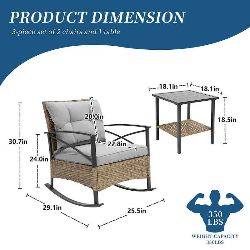 HOMEFUN Ensemble 3 pièces de fauteuils à bascule de jardin en rotin/osier avec coussins et table