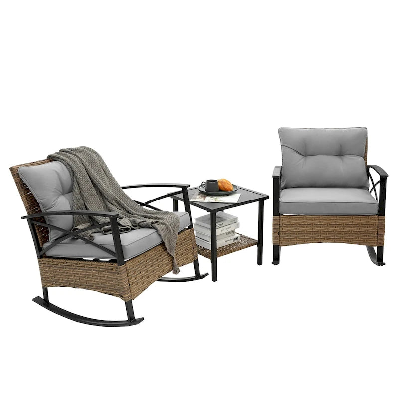 HOMEFUN Ensemble 3 pièces de fauteuils à bascule de jardin en rotin/osier avec coussins et table