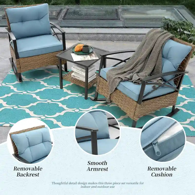 HOMEFUN Ensemble 3 pièces de fauteuils à bascule de jardin en rotin/osier avec coussins et table