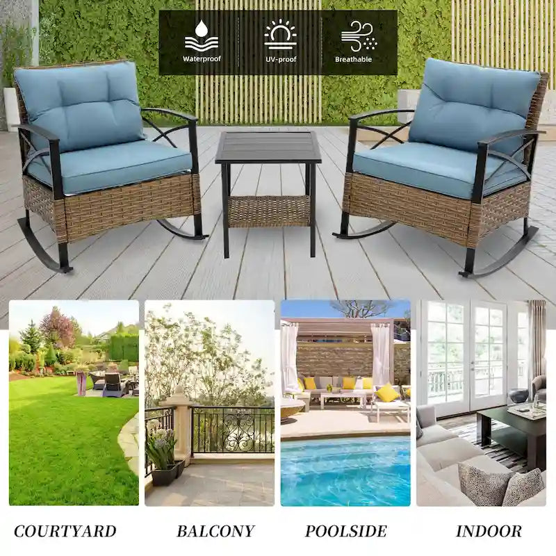 HOMEFUN Ensemble 3 pièces de fauteuils à bascule de jardin en rotin/osier avec coussins et table