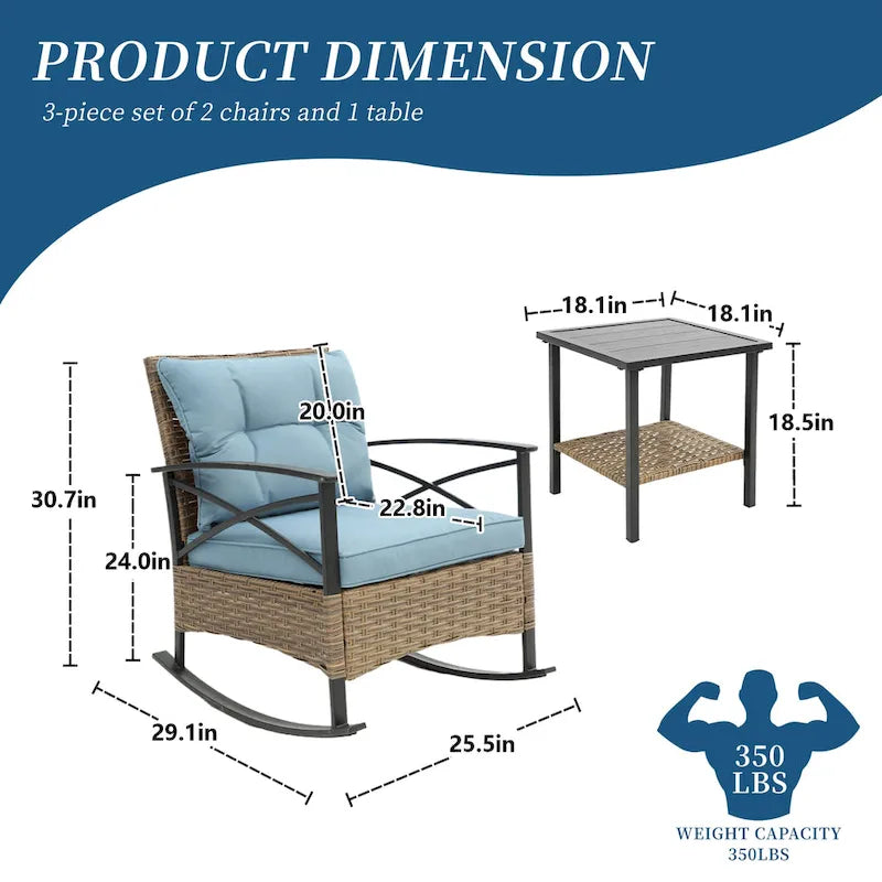 HOMEFUN Ensemble 3 pièces de fauteuils à bascule de jardin en rotin/osier avec coussins et table