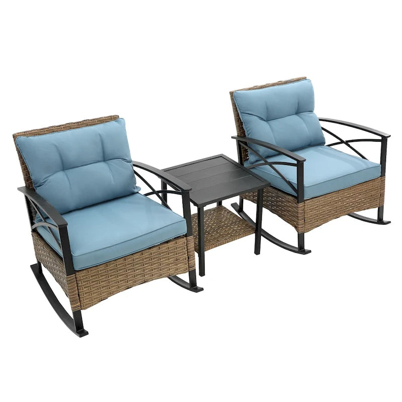 HOMEFUN Ensemble 3 pièces de fauteuils à bascule de jardin en rotin/osier avec coussins et table