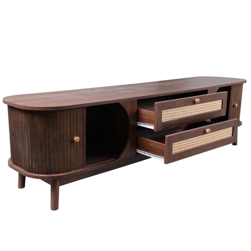 Meuble TV en rotin pour téléviseurs jusqu'à 75 pouces, console média de style ferme moderne, meuble de divertissement avec pieds en bois massif