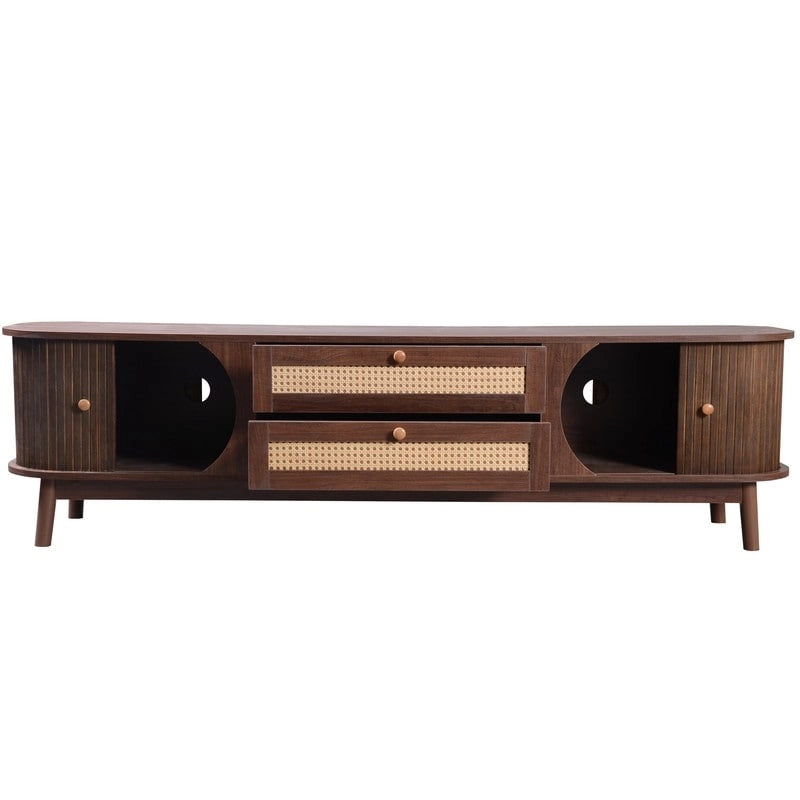 Meuble TV en rotin pour téléviseurs jusqu'à 75 pouces, console média de style ferme moderne, meuble de divertissement avec pieds en bois massif
