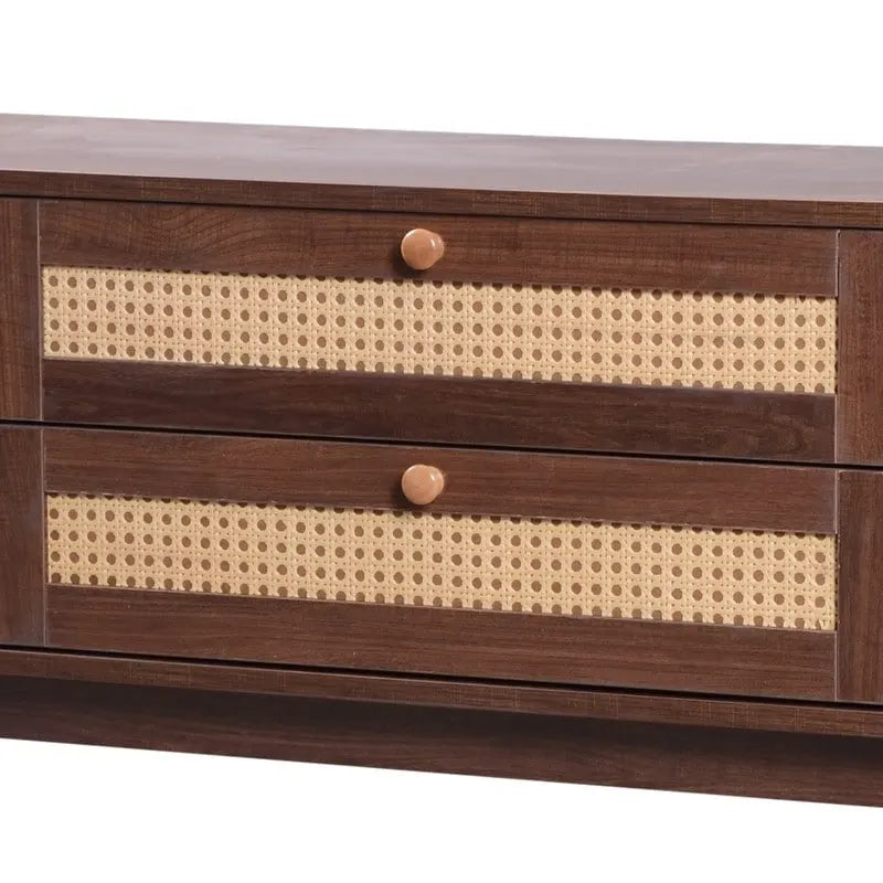 Meuble TV en rotin pour téléviseurs jusqu'à 75 pouces, console média de style ferme moderne, meuble de divertissement avec pieds en bois massif