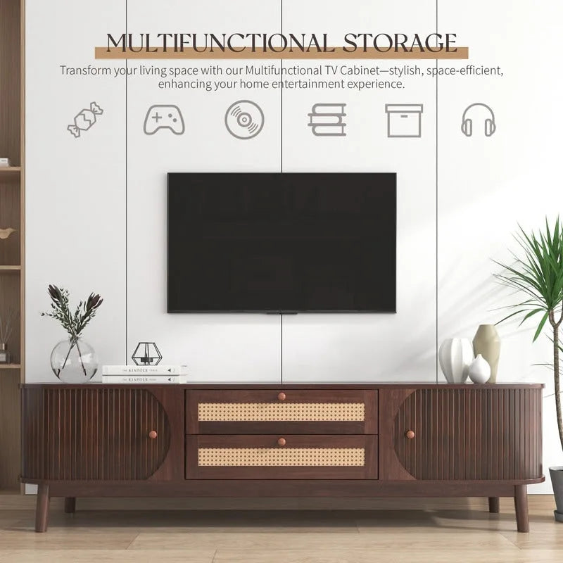 Meuble TV en rotin pour téléviseurs jusqu'à 75 pouces, console média de style ferme moderne, meuble de divertissement avec pieds en bois massif