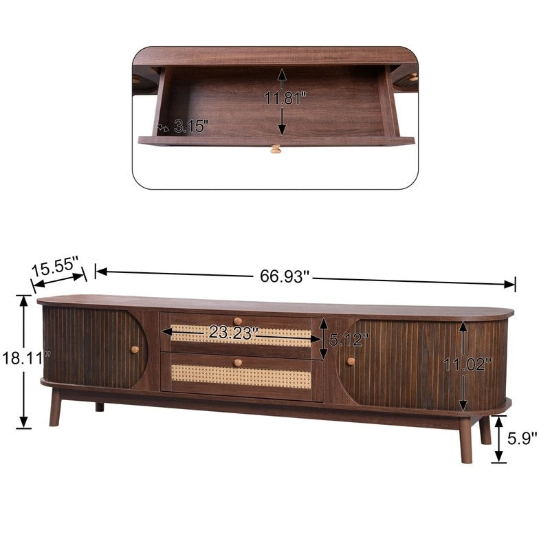 Meuble TV en rotin pour téléviseurs jusqu'à 75 pouces, console média de style ferme moderne, meuble de divertissement avec pieds en bois massif
