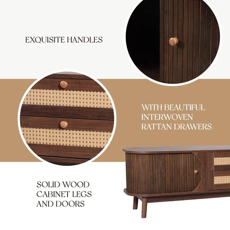 Meuble TV en rotin pour téléviseurs jusqu'à 75 pouces, console média de style ferme moderne, meuble de divertissement avec pieds en bois massif