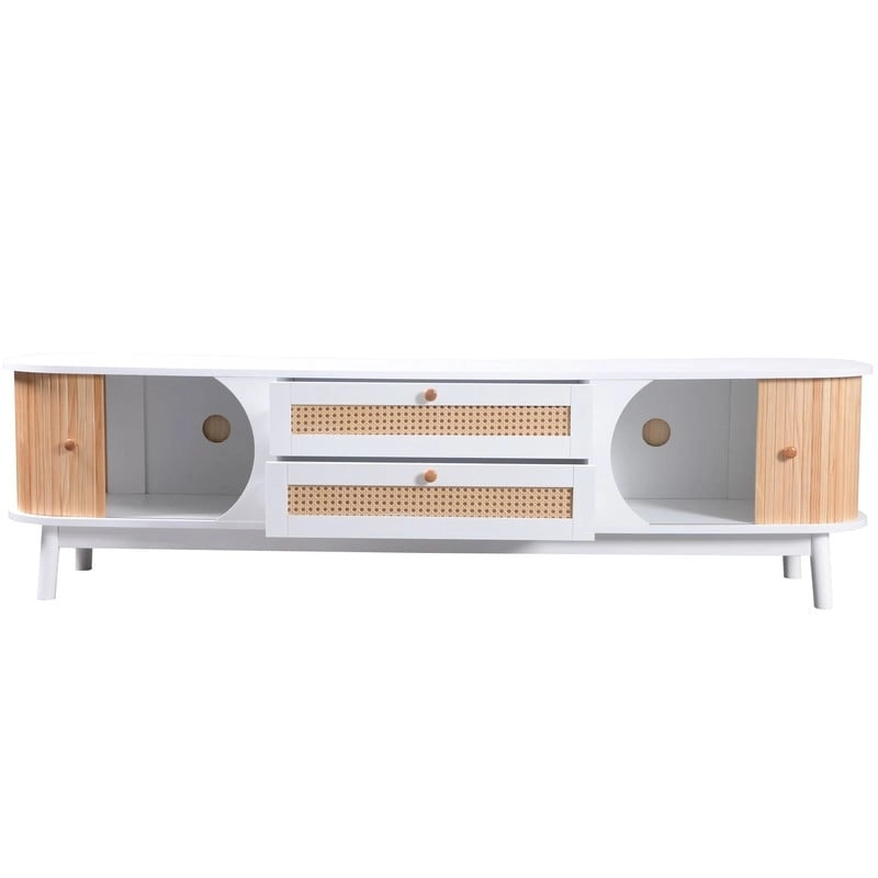 Meuble TV en rotin pour téléviseurs jusqu'à 75 pouces, console média de style ferme moderne, meuble de divertissement avec pieds en bois massif