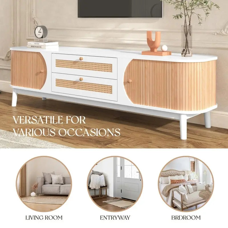 Meuble TV en rotin pour téléviseurs jusqu'à 75 pouces, console média de style ferme moderne, meuble de divertissement avec pieds en bois massif