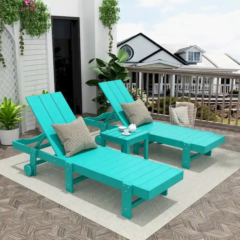 Polytrends Shoreside Modern Poly Eco-Friendly All Weather Reclining Pool Chaise Lounge With Wheels and Side Table (3-Piece Set)