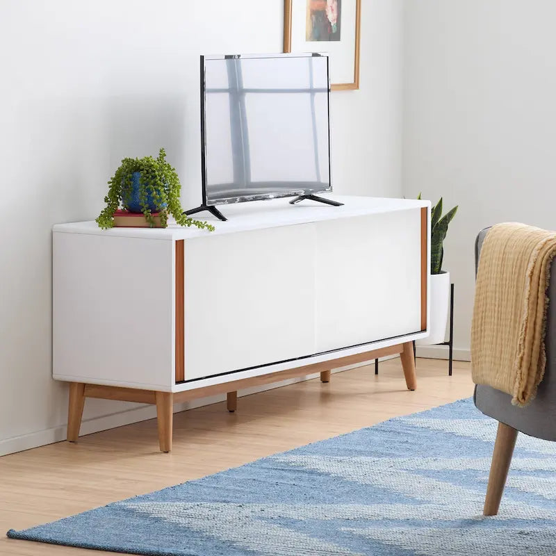 Meuble TV Brookside Madison Mid Century Modern pour téléviseurs jusqu'à 65 pouces avec portes coulissantes et gestion des câbles