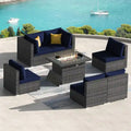 Ensemble de salon de jardin d'extérieur 7 pièces en rotin synthétique avec dossier haut, table brasero et coussins épais FINCATI