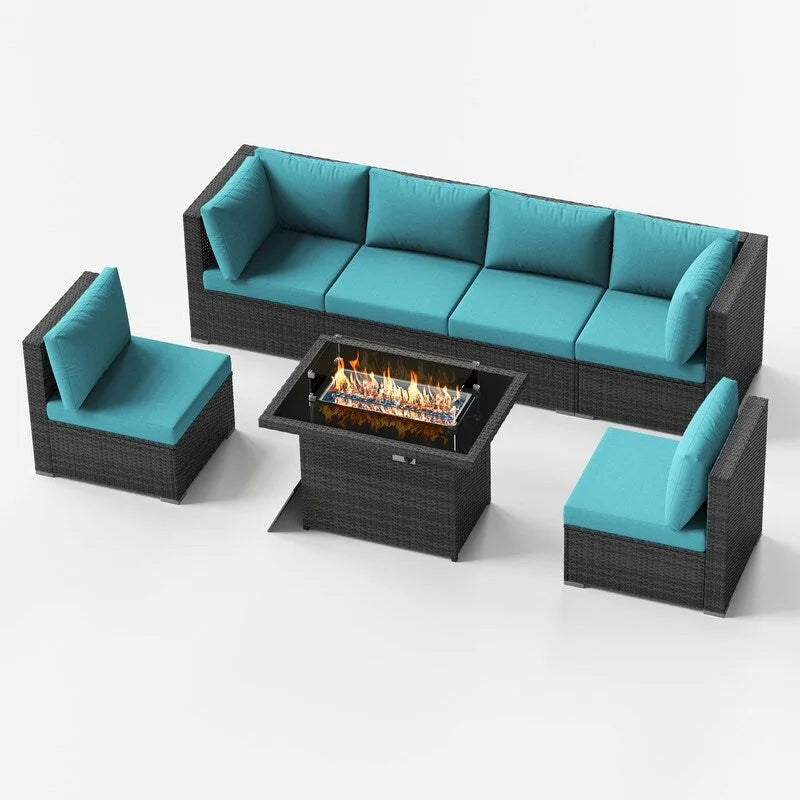 Ensemble de salon de jardin d'extérieur 7 pièces en rotin synthétique avec dossier haut, table brasero et coussins épais FINCATI