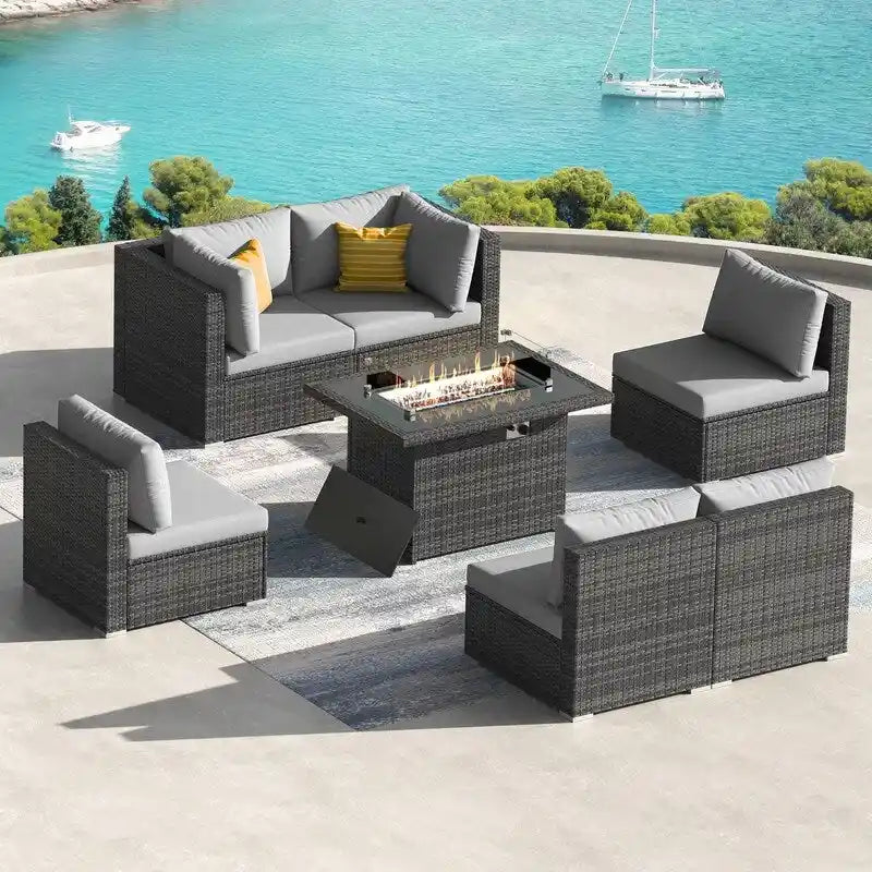 Ensemble de salon de jardin d'extérieur 7 pièces en rotin synthétique avec dossier haut, table brasero et coussins épais FINCATI