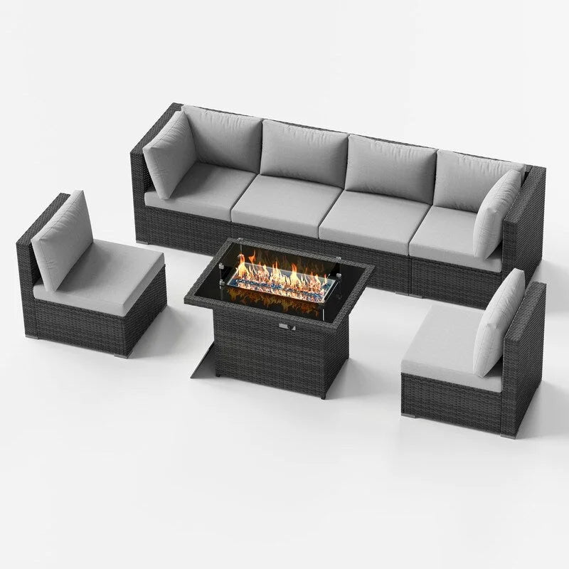 Ensemble de salon de jardin d'extérieur 7 pièces en rotin synthétique avec dossier haut, table brasero et coussins épais FINCATI