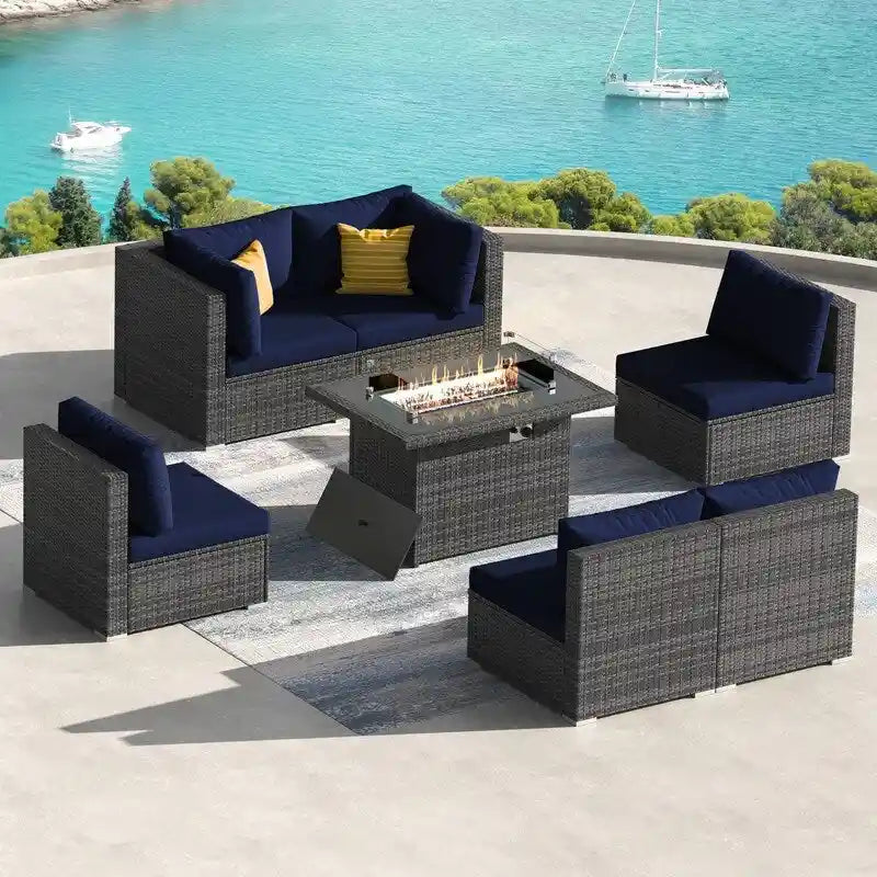 Ensemble de salon de jardin d'extérieur 7 pièces en rotin synthétique avec dossier haut, table brasero et coussins épais FINCATI