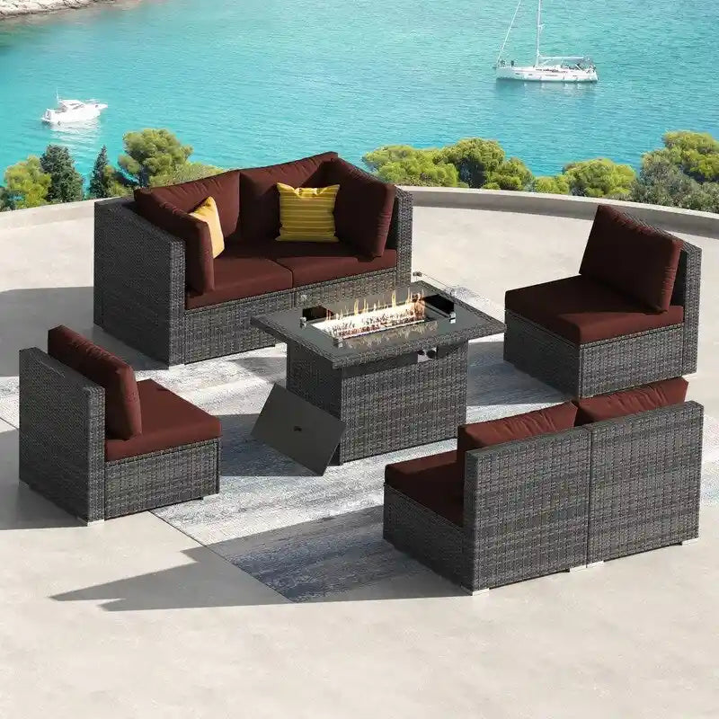 Ensemble de salon de jardin d'extérieur 7 pièces en rotin synthétique avec dossier haut, table brasero et coussins épais FINCATI