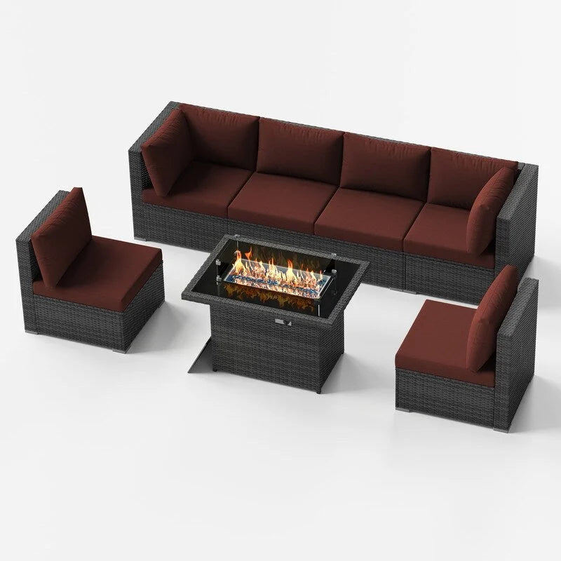 Ensemble de salon de jardin d'extérieur 7 pièces en rotin synthétique avec dossier haut, table brasero et coussins épais FINCATI