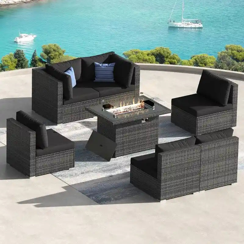 Ensemble de salon de jardin d'extérieur 7 pièces en rotin synthétique avec dossier haut, table brasero et coussins épais FINCATI
