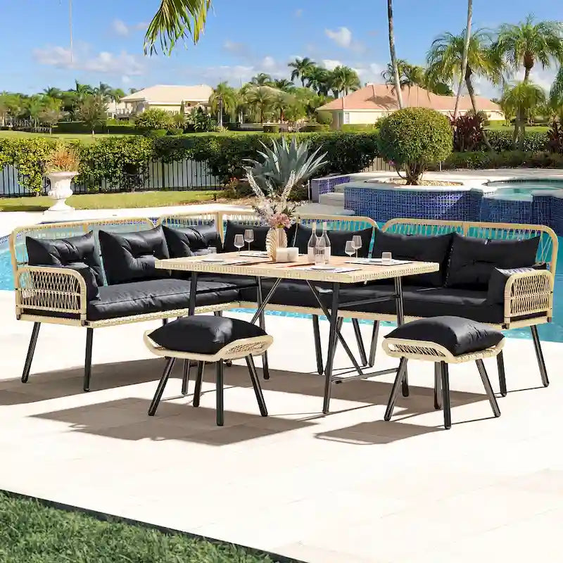 Moasis Black Ensemble de Conversation de Jardin en Rotin 6 Pièces - 6 PCS