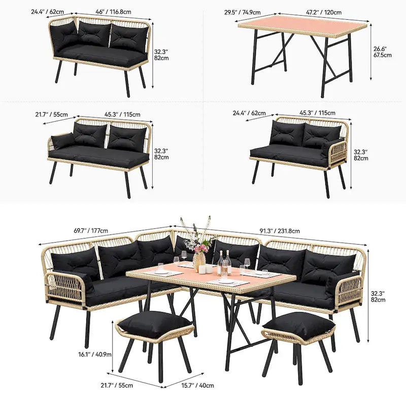 Moasis Black Ensemble de Conversation de Jardin en Rotin 6 Pièces - 6 PCS