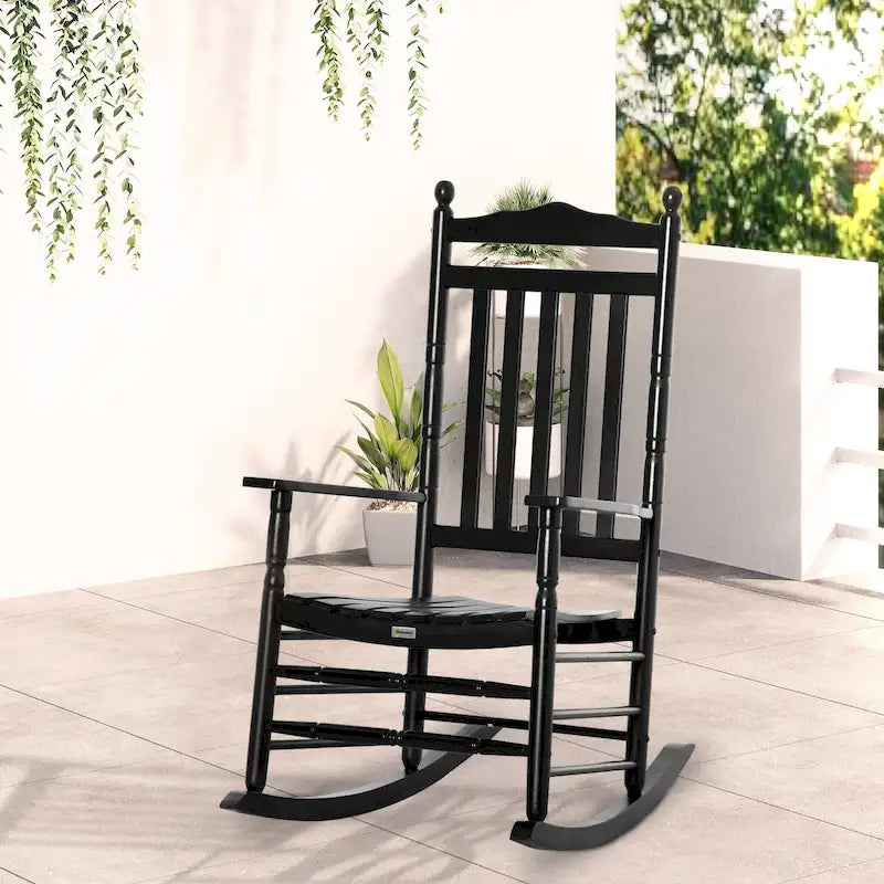 Fauteuil à bascule traditionnel en bois Outsunny à dossier haut pour porche, intérieur/extérieur - 66,7 x 86,4 x 116,2 cm