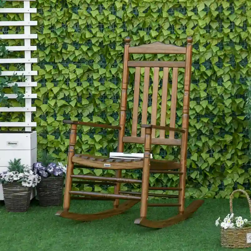 Outsunny Traditional Wooden High-Back Rocking Chair for Porch, Indoor/Outdoor - 26.25 x 34 x 45.75