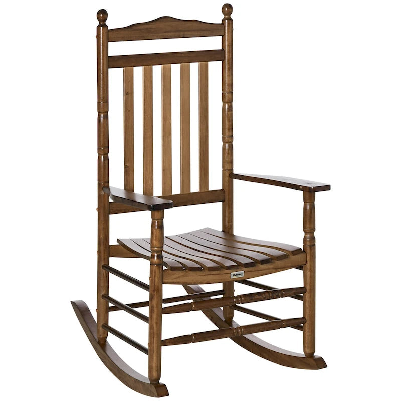 Fauteuil à bascule traditionnel en bois Outsunny à dossier haut pour porche, intérieur/extérieur - 66,7 x 86,4 x 116,2 cm