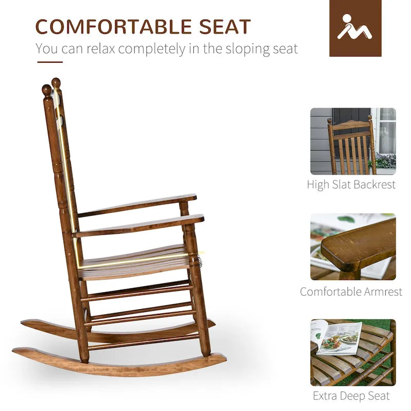Fauteuil à bascule traditionnel en bois Outsunny à dossier haut pour porche, intérieur/extérieur - 66,7 x 86,4 x 116,2 cm