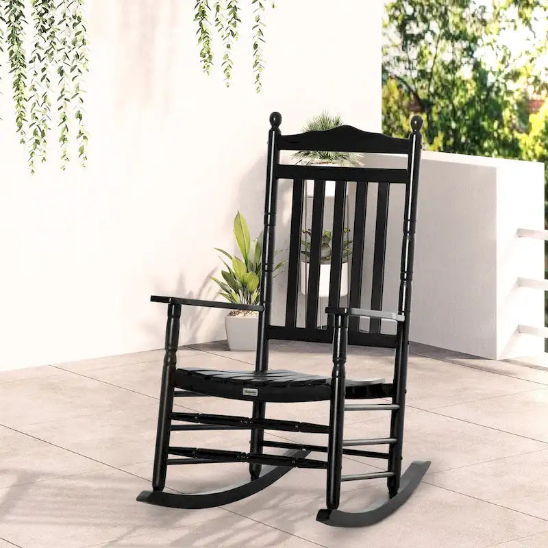 Fauteuil à bascule traditionnel en bois Outsunny à dossier haut pour porche, intérieur/extérieur - 66,7 x 86,4 x 116,2 cm