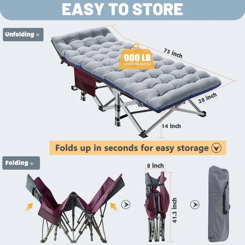 Lit de camping pliant 75 avec matelas de 8,4 cm, couchette portable