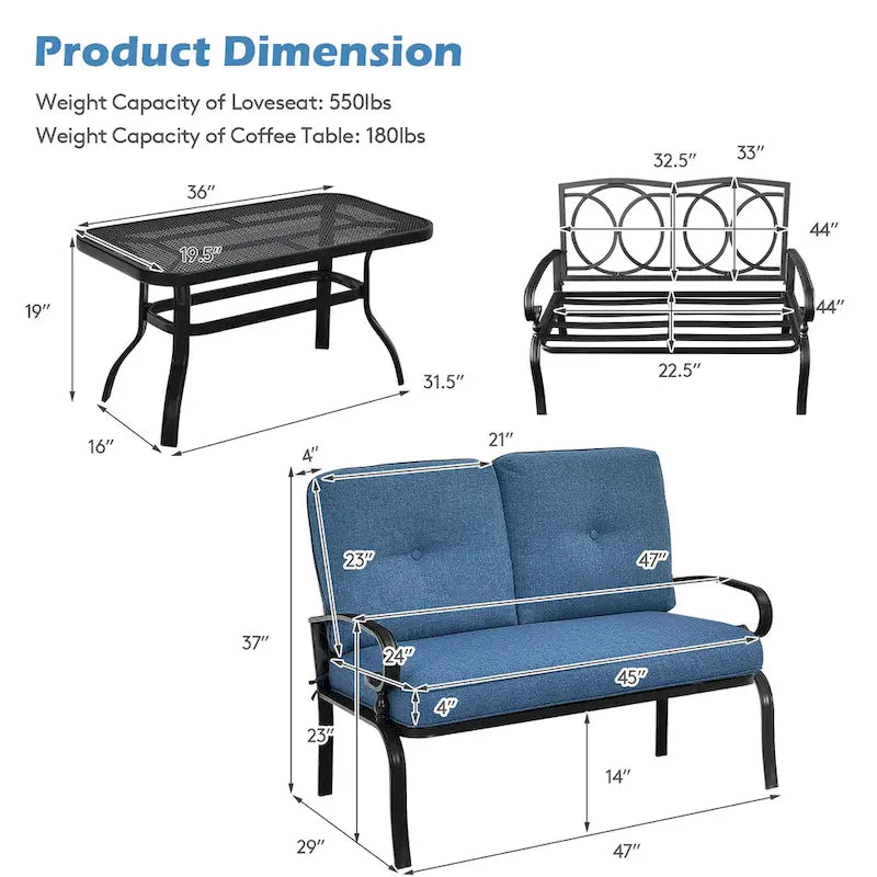 Ensemble de meubles de jardin 2 places avec banc, table et chaises rembourrées