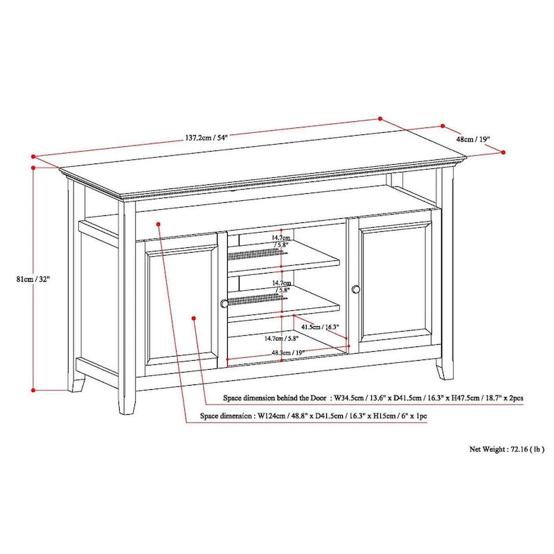 Meuble TV de style transitionnel en bois massif de 54 po de large WYNDENHALL Halifax - 54 L x 18,9 P x 31,9 H