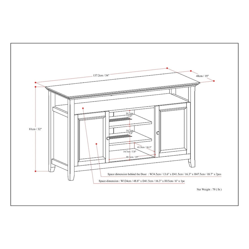 Meuble TV de style transitionnel en bois massif de 54 po de large WYNDENHALL Halifax - 54 L x 18,9 P x 31,9 H